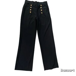 Sz XL Black Stretch Palazzo Sailor Pants Soft Gold Buttons New